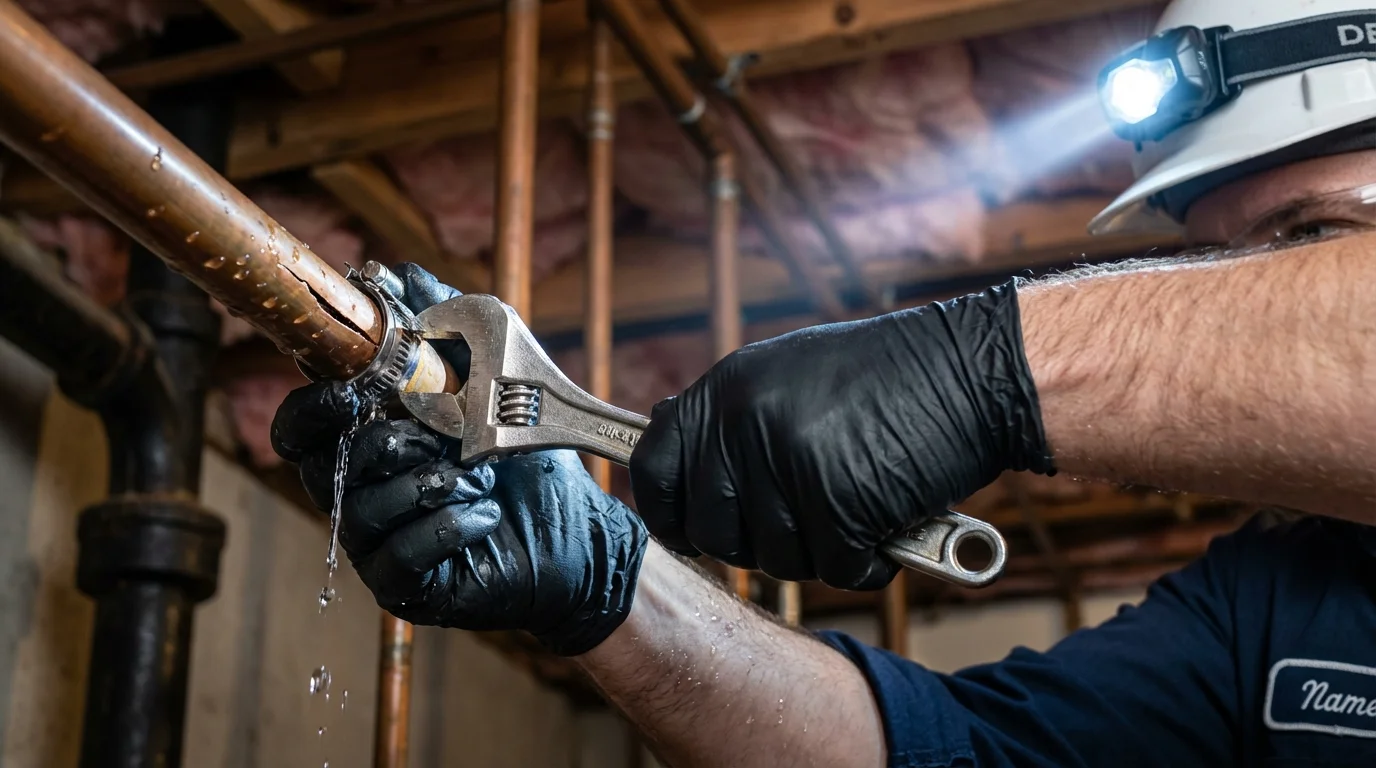 Emergency pipe clamp repair being performed by a Johns Plumbing LLC plumber in Lumberton