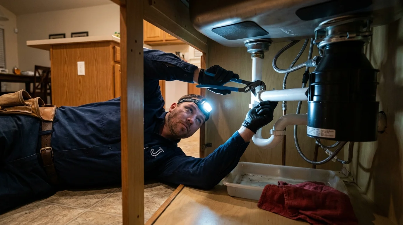 P-trap and supply line connections under a kitchen sink showing a common leak point in Lumberton, TX